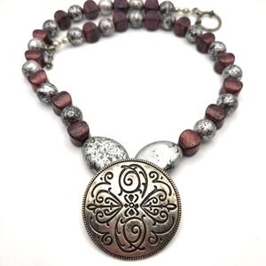 Silvertone Disc Pendant on Metallic-look Faux Stone Beads Handmade‎ 19" Necklace